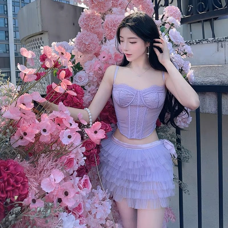 Sexy lace sling corsage fish bone see-through top + straps fluffy ballet cake skirt two-piece set 3039