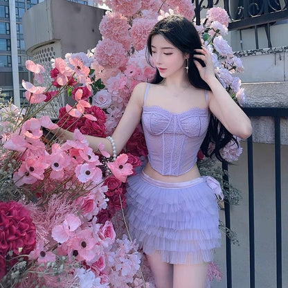 Sexy lace sling corsage fish bone see-through top + straps fluffy ballet cake skirt two-piece set 3039