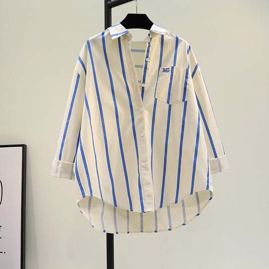 Blue vertical striped long-sleeved cotton shirt women 2023 spring new Korean version loose casual shirt thin cardigan top