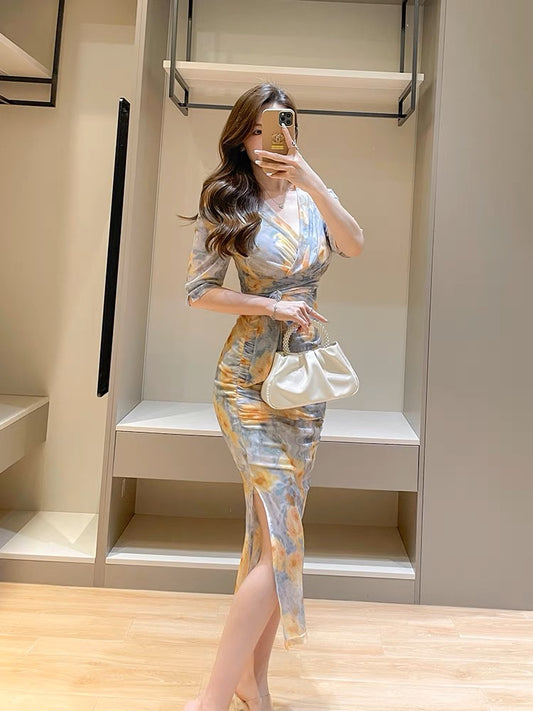 Elastic Mesh Printed Dress Summer New Temperament Western Femininity Floral V-neck Pleated Slit Package Hip Skirt