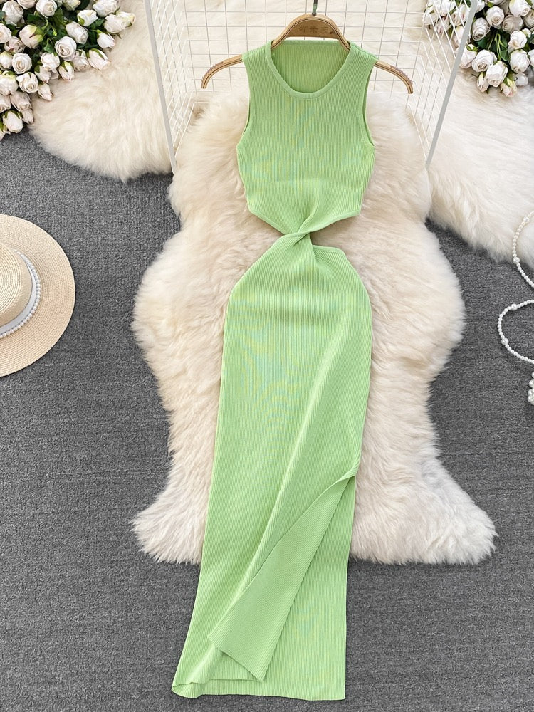 Summer Pure Desire Sweet and Spicy Round Neck Sleeveless Empty Waistless Waist Slim Mid-length Knitted Hip Dress Women