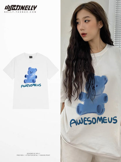Hong Kong style cotton short-sleeved T-shirt men's summer ins trend 2023 new clothes loose half-sleeved T-shirt bear top