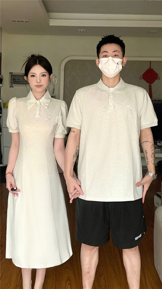 Niche design sense couple outfit summer 2023 Korean version short-sleeved T-shirt female dress French one skirt one clothes ins tide