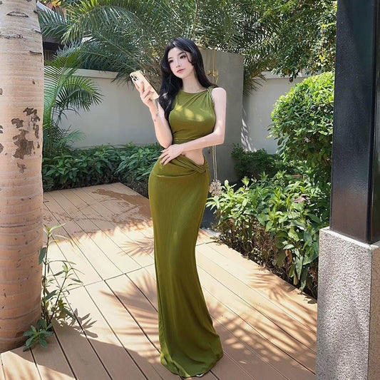 Mustard Green Waistless Suit Female 2023 Amoi Sleeveless Kink T-Shirt + One Step Skirt Holiday Two-piece Set 5051