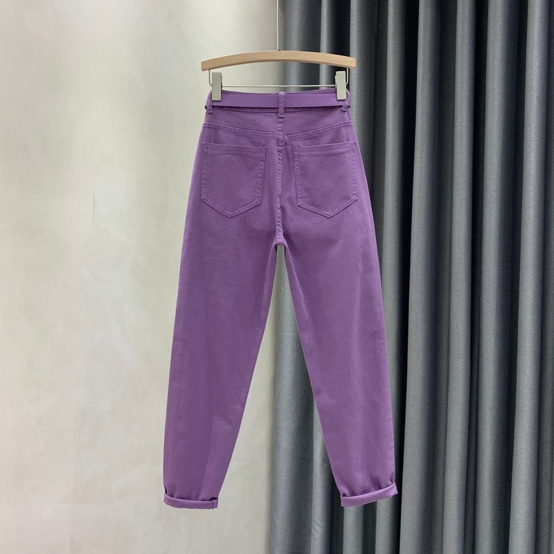 European goods purple jeans women's summer thin fashion all-match elastic small feet harem pants high waist slim carrot pants trendy