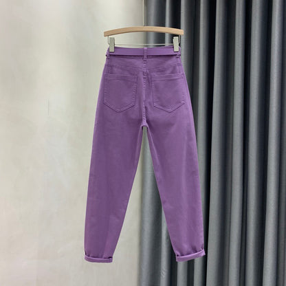 European goods purple jeans women's summer thin fashion all-match elastic small feet harem pants high waist slim carrot pants trendy