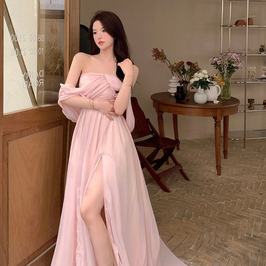 French sweet super fairy tube top chiffon slit mopping floor dress Yunnan Sanya travel seaside holiday dress female