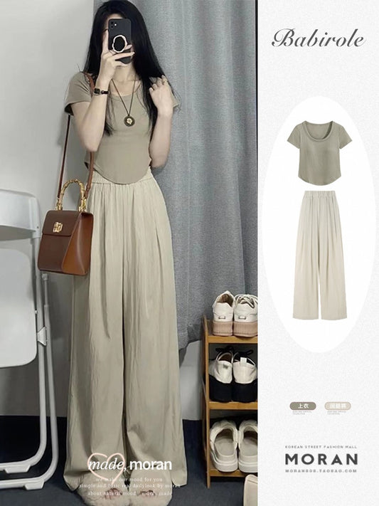 Casual fashion two-piece suit female salt series small tall and thin top wide-leg pants tea-style wear a complete set