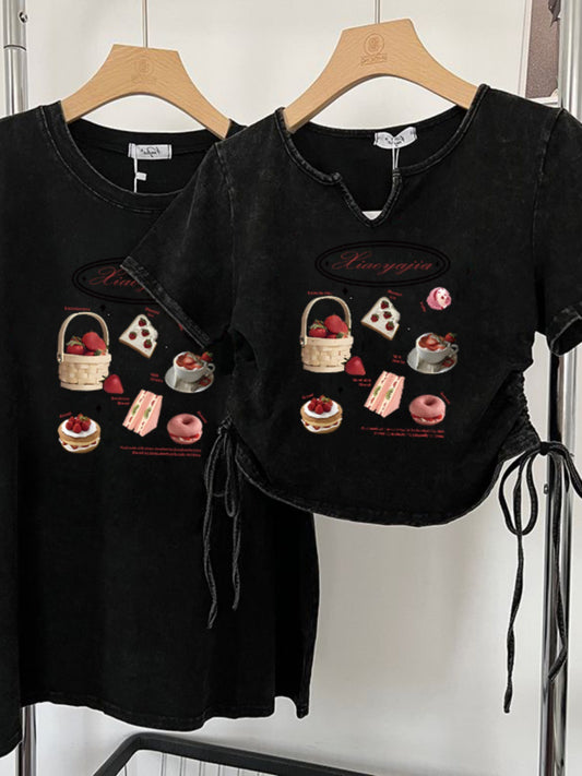 Old washed side tie short-sleeved t-shirt women's summer thin T-shirt short section drawstring on both sides hot girl top