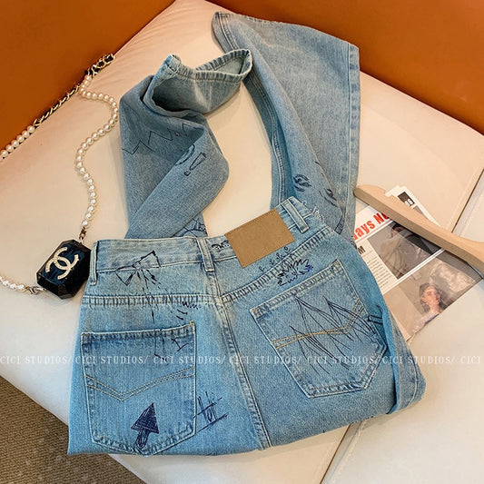 Design sense hot diamond graffiti printed blue straight jeans women 2023 new casual loose high waist wide leg pants