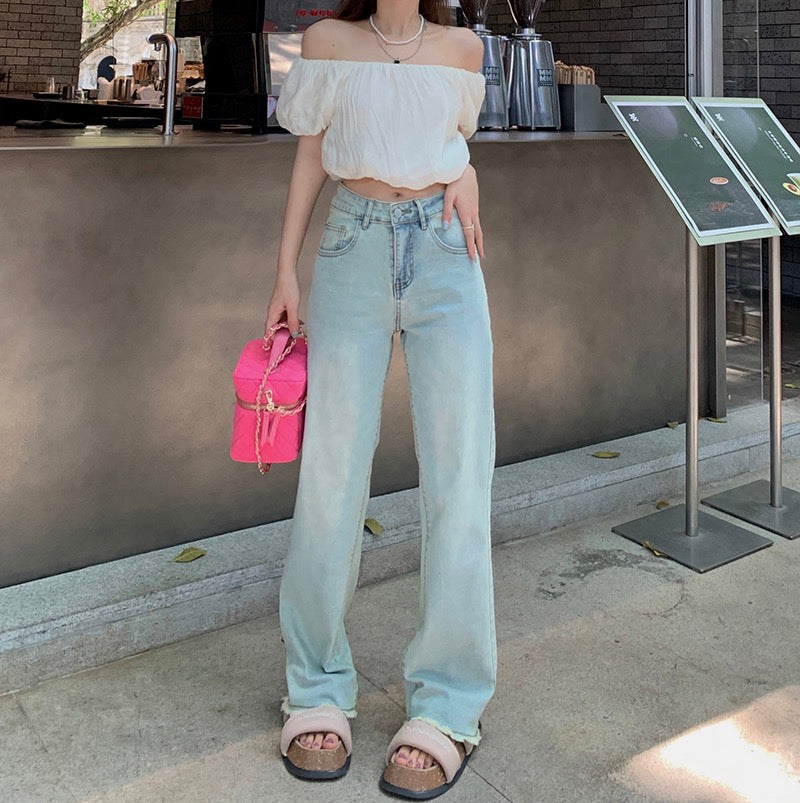 Kumikumi light blue raw-edge jeans women's summer high-waist straight-leg pants loose slim wide-leg pants long pants