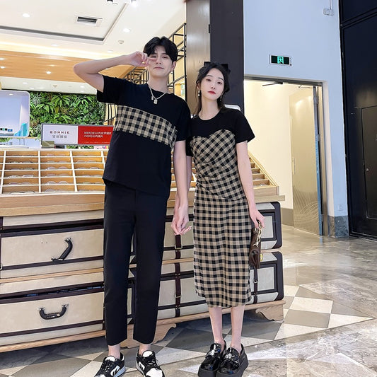 Internet celebrity couple outfit 2023 new summer high-end mosaic plaid dress design sense niche short-sleeved suit