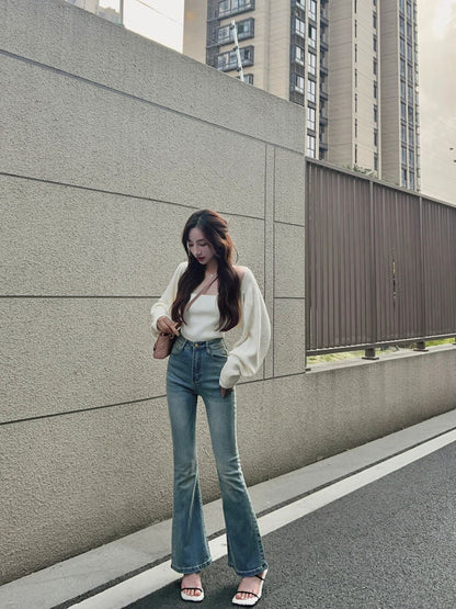 Small retro high-waisted bootcut jeans 2023 new hot girl chic slim fit and thin all-match flared pants for women