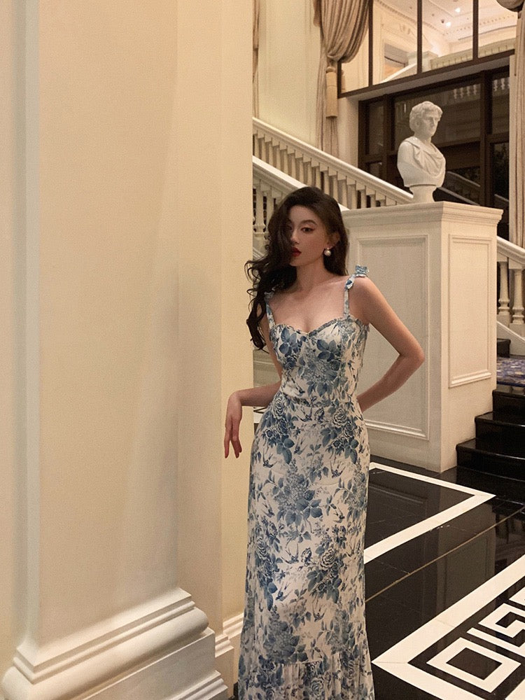 Gove 瑅 lace print sling dress women 2023 new pure desire sexy temperament waist bag hip long skirt