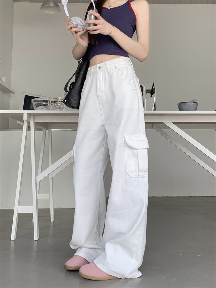White tooling jeans women's summer ins tide American retro drape floor mopping trousers straight wide leg pants