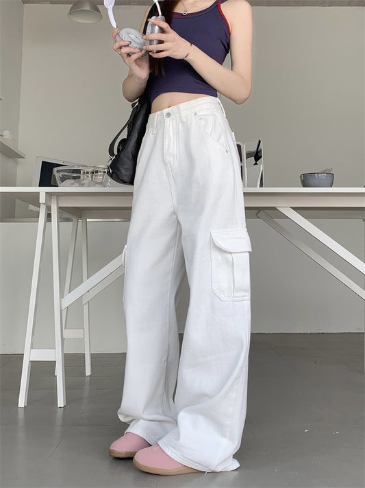 White tooling jeans women's summer ins tide American retro drape floor mopping trousers straight wide leg pants