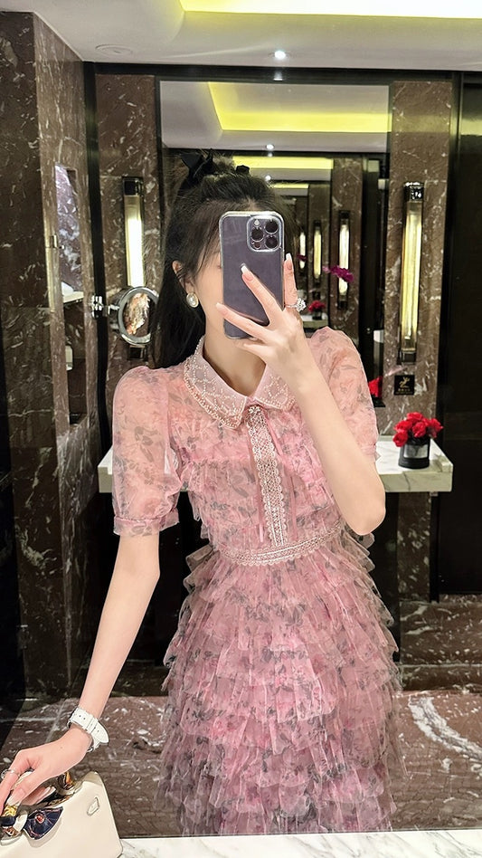BETTER LS Sweet Pink Fragrant Wind Cake Dress High-quality Heavy Industry Beaded French Dress