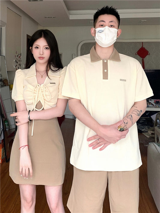 Niche design sense couple outfit summer 2023 Korean version short-sleeved T-shirt female dress French one skirt one clothes ins tide