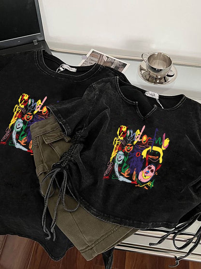 American-style old-fashioned short-sleeved t-shirt women's summer loose and thin T-shirt short drawstring hot girl tops sisters girlfriends
