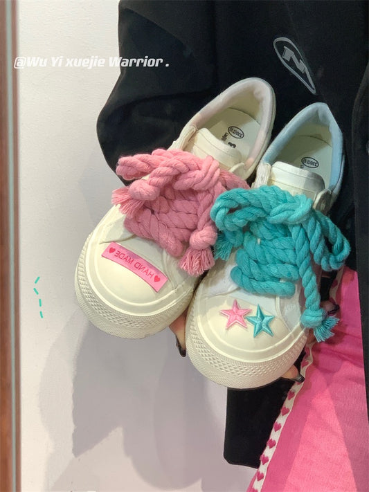 Pull back explosive change thick hemp rope canvas shoes women's 2023 new summer thin sneakers breathable niche original small white shoes