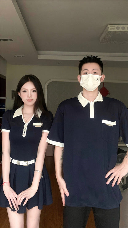 Niche design sense couple outfit summer Korean version polo short-sleeved T-shirt female dress French one skirt one clothes ins tide