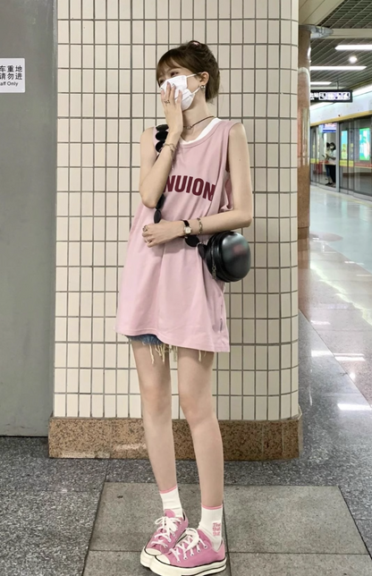 Pink little man vest sleeveless t-shirt female summer new American style retro sweet hot girl loose ins vest top