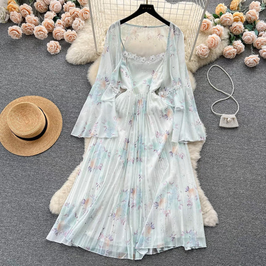 Pure desire gentle style sweet suit women's thin section long-sleeved cardigan top waist pleated suspender skirt floral two-piece set