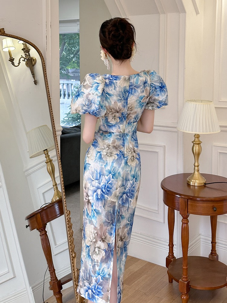 Retro Elegant Light Cooked Floral Floral Hip Dress Women's Wear Light Luxury Age Reduction Slim Puff Sleeve Temperament Straight Skirt