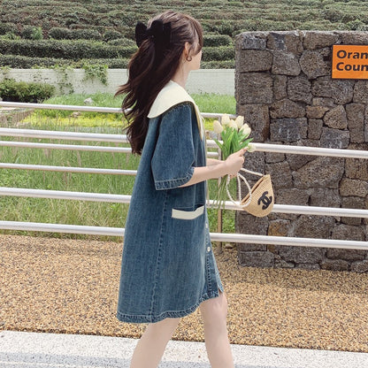 French retro denim doll collar dress female summer 2023 new can be salty and sweet small girl skirt