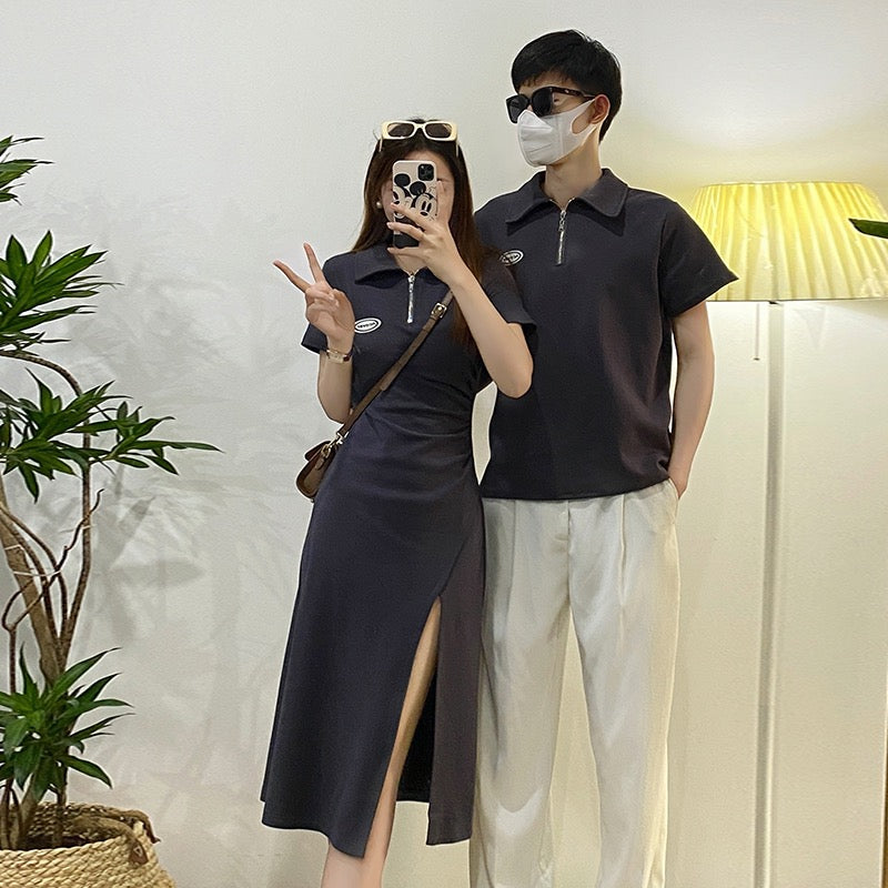 Couple wear summer new one skirt one high-quality Korean version short-sleeved polo shirt dress casual slim long skirt