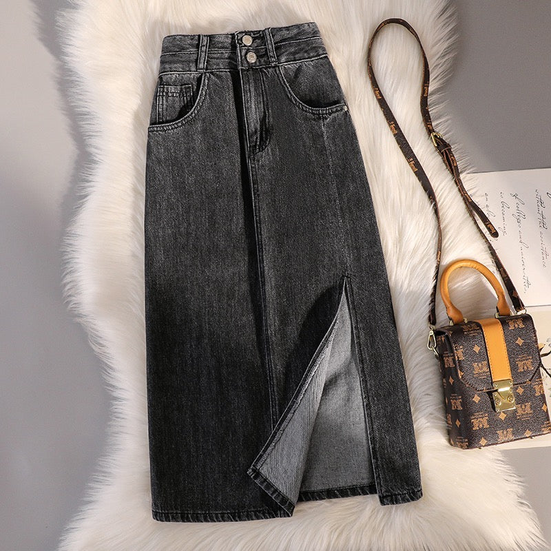 Small mid-length denim skirt women's summer new high waist hip-covering slimming side slit A-line bag hip skirt