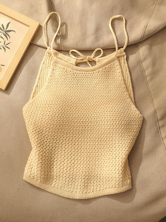 French chic knitted camisole women's summer inner wear sexy backless hollow strap short top outer wear