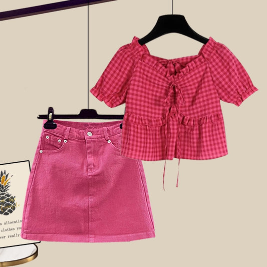 Summer small French unique sweet shirt denim skirt sweet and spicy foreign style suit two-piece women's clothing