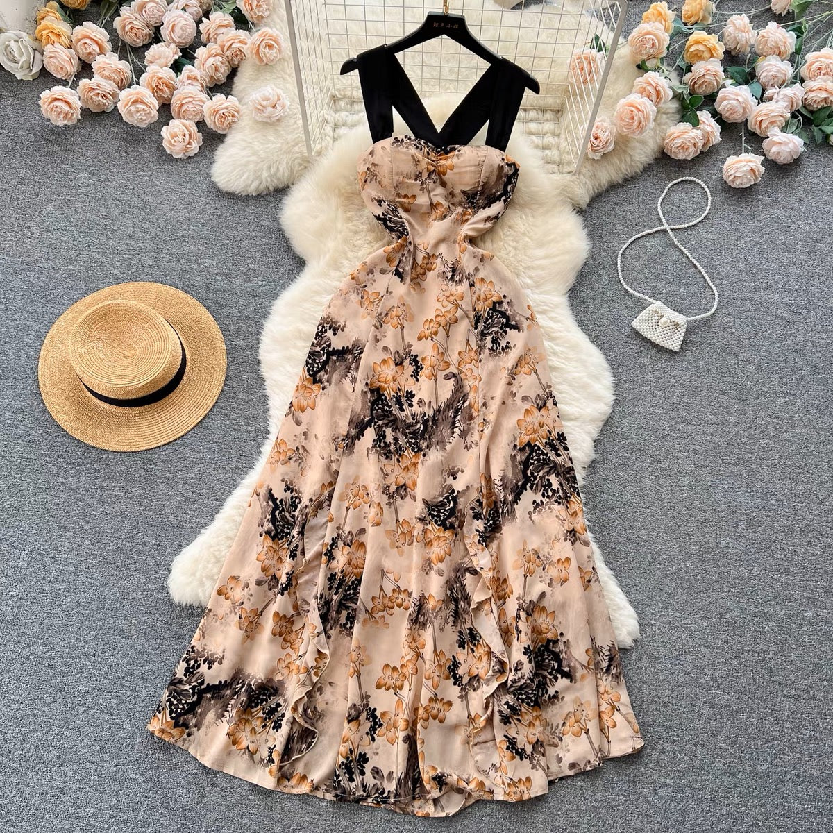 French romantic retro atmosphere floral suspender dress female hollow tie waist waist temperament super fairy holiday dress