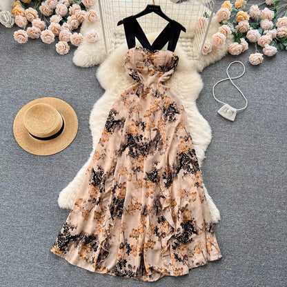 French romantic retro atmosphere floral suspender dress female hollow tie waist waist temperament super fairy holiday dress