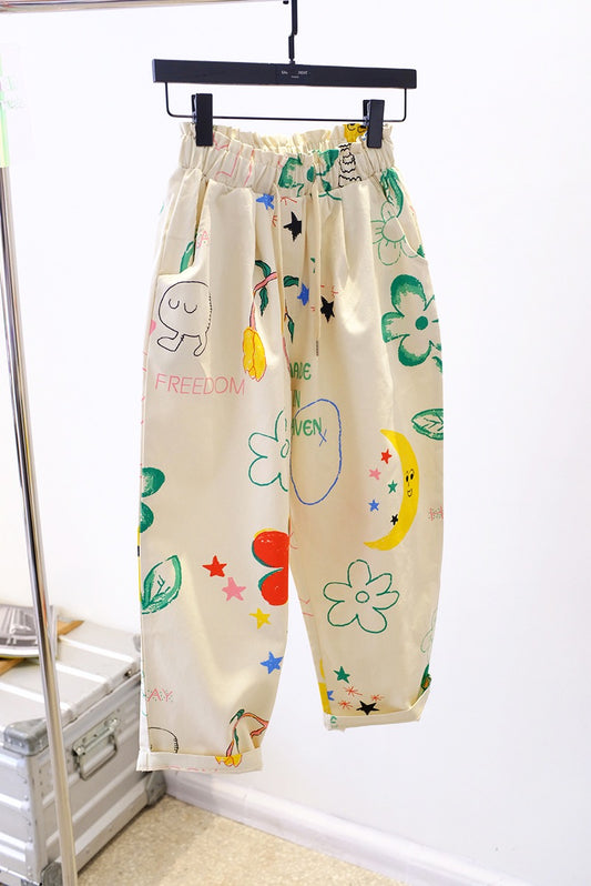 Spot Korean Dongdaemun 2023 spring and summer cartoon foreign style age reduction loose large size elastic waist wide leg casual pants women