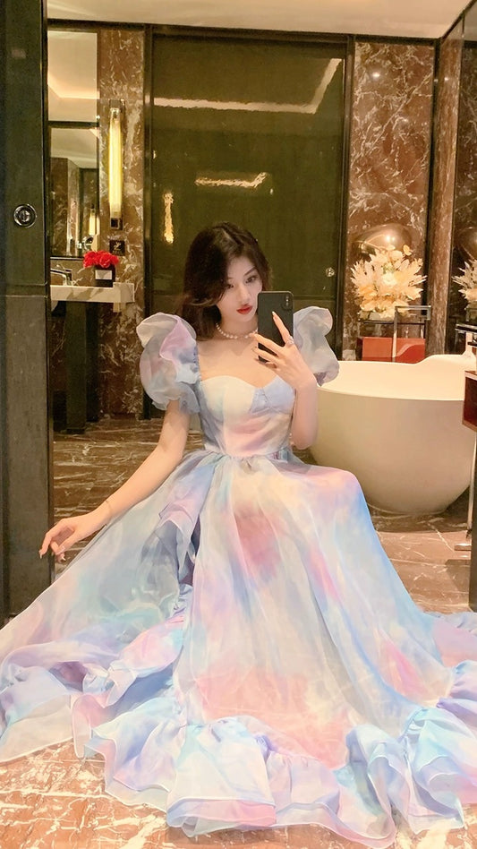 BETTER LS light luxury celebrity dress skirt French style puff sleeve square neck design irregular fairy dress