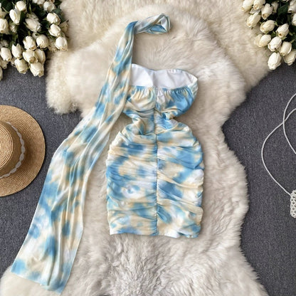 Pure Desire Sexy Short Skirt Women's Halter Neck Ribbon Tie-Dye Printing Folds Waist Slim Thin Temperament Package Hips Tube Top Dress