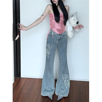 kumikumi design sense butterfly embroidery retro washed jeans women's summer thin micro-pants mopping pants