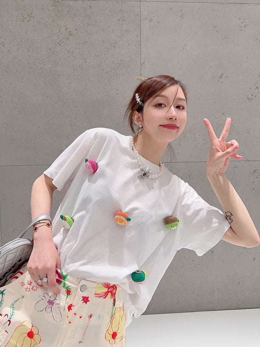 Thebestxue Korean version of the fashionable loose thin section white woven flower three-dimensional decoration short-sleeved T-shirt female summer tide