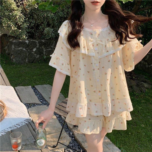 Ins wind nightdress double yarn floral cotton pajamas women's summer 2023 new home service short-sleeved suit summer