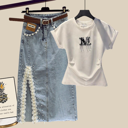 Small people wear a complete set of fashion suit skirt half-length denim skirt new short-sleeved top two-piece summer female
