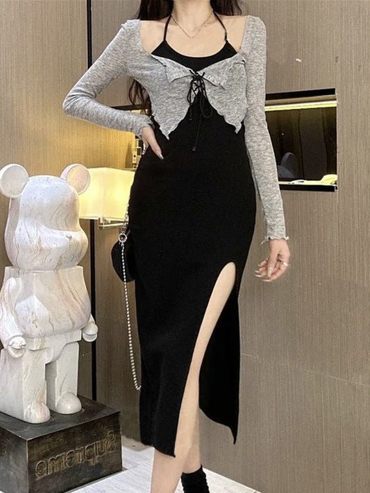 2023 summer new sexy hanging neck suspender dress female pure desire style hot girl waist slimming tight bag hip skirt