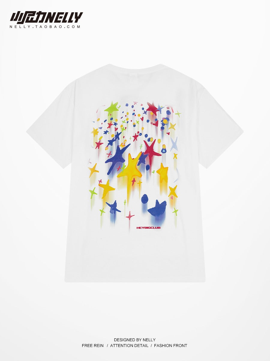 Original national tide mid-sleeve oversize half-sleeved graffiti short-sleeved men's and women's loose high street T-shirt American half-sleeved tee