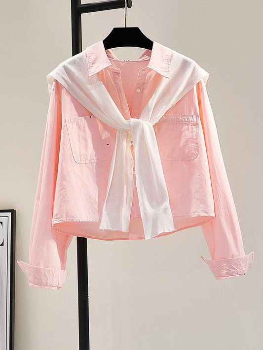 Pink shawl two-piece shirt women's 2023 spring and summer new Korean fan literature and art small fresh shirt short top tide