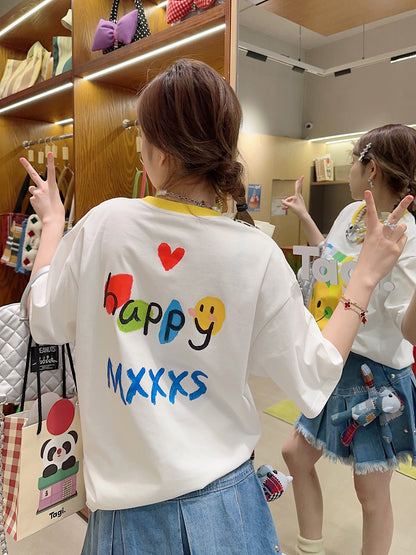 Thebestxue2023 summer new Korean version of the loose white happy smiley letter print short-sleeved T-shirt female