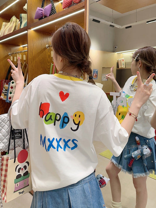 Thebestxue2023 summer new Korean version of the loose white happy smiley letter print short-sleeved T-shirt female