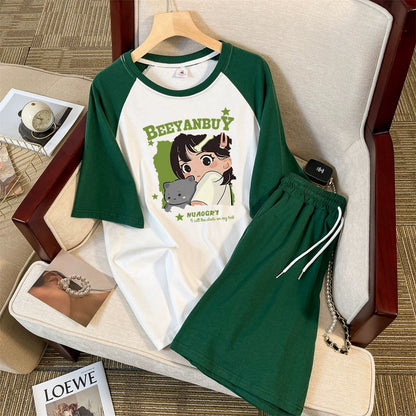 Color matching pure cotton short-sleeved casual suit women's summer outer wear ins trendy loose wide-leg pants all-match foreign style two-piece suit