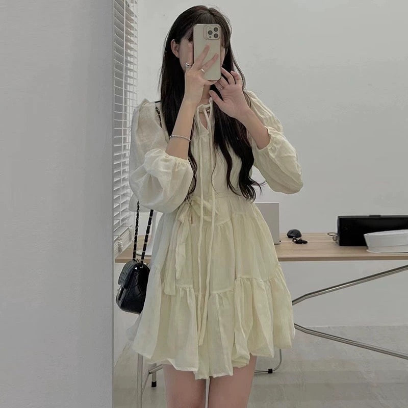 Korean chic spring French gentle V-neck tie with folds texture design small long-sleeved dress female