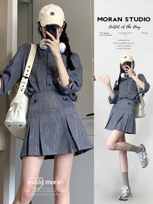 Retro denim jacket pleated skirt two-piece set women's summer net red fried street wear suit small person looks thin